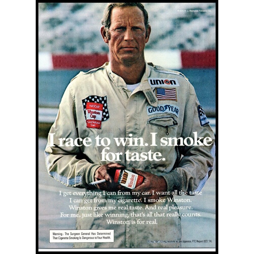 1975 Winston Cigarettes Vintage Print Ad NASCAR Cup Jumpsuit Pit Crew Wall Art